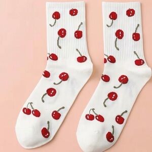 White Crew Socks with Red Cherry Print